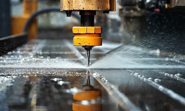 Water jet cutting machine cutting a metal surface.