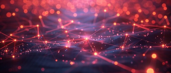 Abstract network system in blue background, 3D mesh of points connected by lines glowing in orange and blue, symbolizing technological complexity and connectivity.