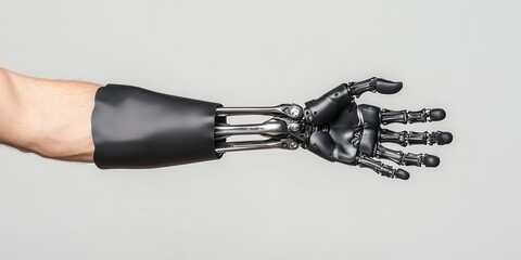 Modern prosthetic arm with intricate mechanical design, isolated on white background.