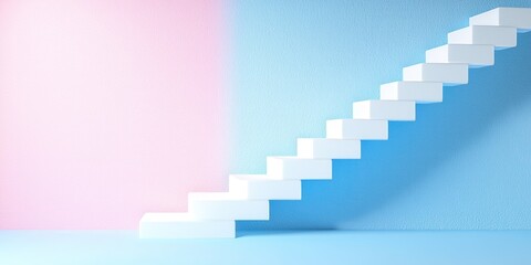 Obraz premium Modern staircase against a pastel blue and pink background, minimalistic design.