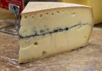 French semi-soft cow milk cheese morbier from Franche-Comte region with thin black layer and strong aroma