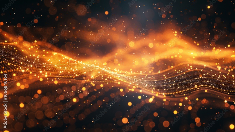 Wall mural a dynamic image of golden particles forming a wave-like motion against a gradient background, exudin