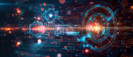 Obraz premium A vibrant digital image on dark blue background with a central circle in orange and purple, surrounded by rings and glowing lines, suggesting a high-tech theme depicting advanced technology.