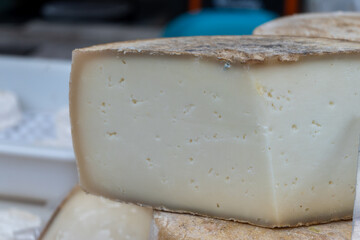 Farmer shop in Biarritz, France, Basque Country and Pyrenees sheep, cow and goat cheeses for sale, Tomme, Fermier Brebis, farmers cheese