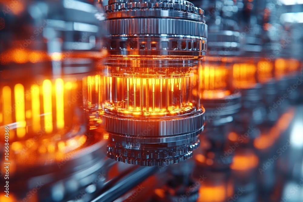 Poster close-up of a glowing industrial machine with gears and metal components