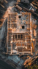 A bustling construction site seen from above: a square house with two stories, roof nearly done, tools scattered, tree nearby, exuding energy of building anew.