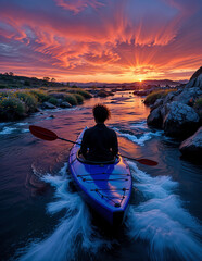 kajak, krajobraz, pływanie, zachód słońca