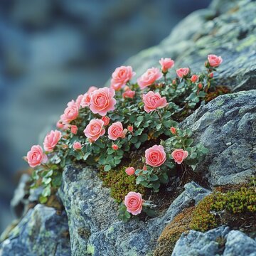 Pink succulent flowers on a rocky mountain slope.
