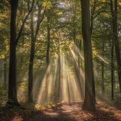 Obraz premium Beams of light in misty woods