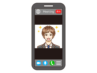 携帯電話でWEB会議する大人男性のイラスト2