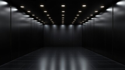 Black exhibition banner wall in a contemporary hall, brightly lit by focused overhead lights, awaiting artwork or displays in a 3D-rendered environment.