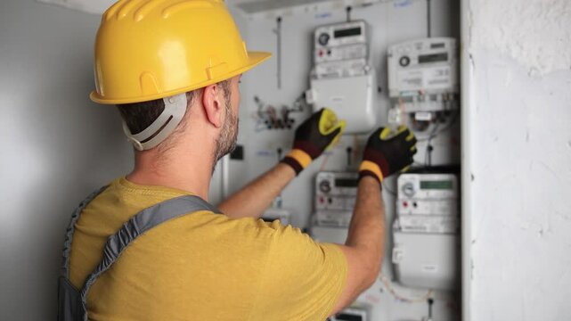 Technician working on a electricity power meter station in a building.	
