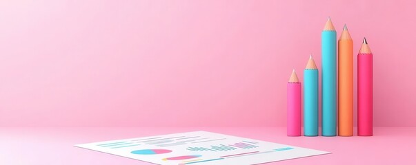 Obraz premium A bright and colorful arrangement of pencils beside a sheet of paper on a soft pink background.