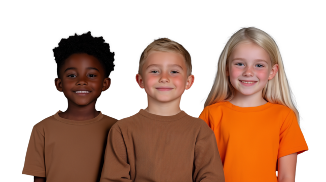Portrait of three young children of different ethnicities standing together on transparent background