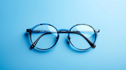 Fototapeta premium A pair of blue round glasses on a blue background.