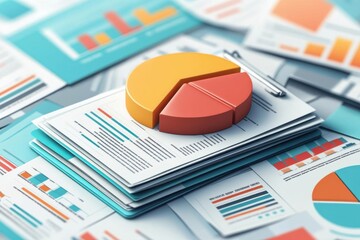 A colorful pie chart sits on top of a stack of reports, showcasing data visualizations like bar graphs and charts, emphasizing analysis and presentation.