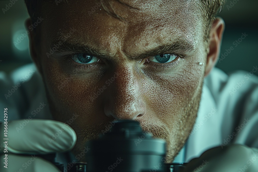 Poster close-up portrait of a focused male scientist looking through a microscope
