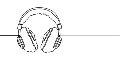 Continuous one line drawing of headphones speaker. Music gadget and earphones devices in simple linear style. Editable stroke. Doodle vector illustration, Headphone line art, Headphones in one line