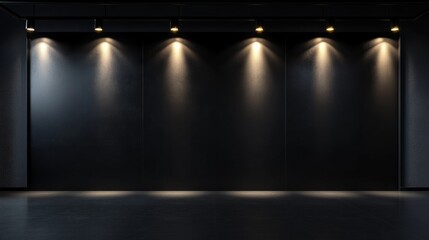 Black exhibition wall with overhead spotlights in a minimalist hall, a blank canvas in a spacious, modern environment. 3D rendering.