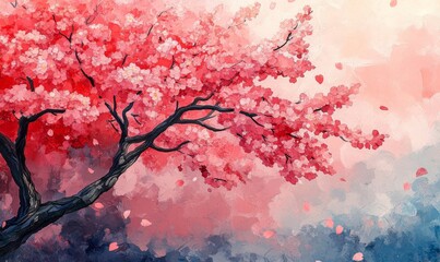 Watercolor cherry blossom tree in full bloom, with soft pink petals, vibrant and gentle, 3D illustration