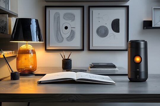 Modern workspace with minimalist art, smart speaker, and stylish lamp on wooden desk