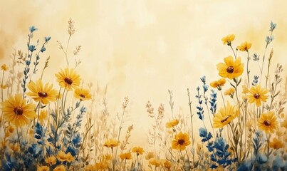 Vibrant watercolor wildflowers in yellow and blue, scattered around the edges of the wedding card, 3D illustration