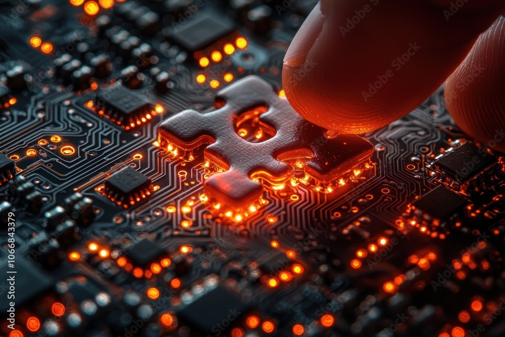 Poster glowing puzzle piece on a circuit board
