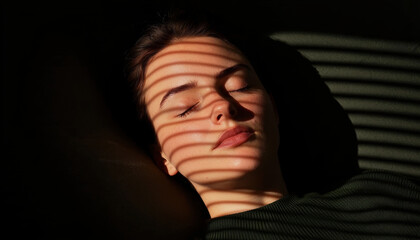 Obraz premium A serene woman rests peacefully, illuminated by shadows from blinds, creating a striking contrast of light and dark.