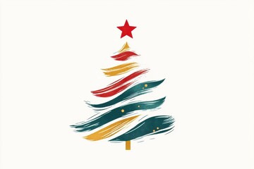 Obraz premium christmas tree doodle icon, whimsical and minimalist christmas tree logo icon with abstract lines forming a tree, red star on top design in green, red, and gold on white background