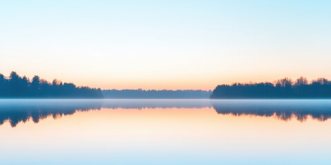 Fototapeta premium Serene lake reflecting soft colors of dawn with trees in the background.