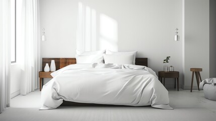 Obraz premium A white bedroom with a bed, bedside table, and a plant.
