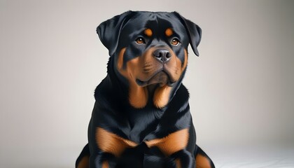 A black and tan Rottweiler sitting on a white background, with a confident posture and alert expression, showcasing its muscular build create with ai