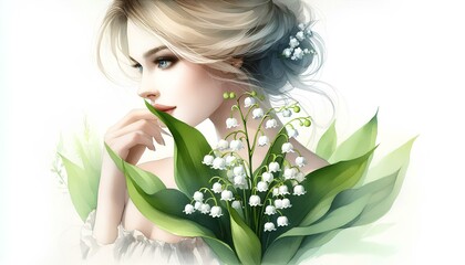 Naklejka premium beautiful young woman with lily of the valley flower, watercolor
