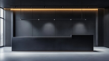Sleek black exhibition wall in a bright, modern hall with overhead lighting casting a soft glow, creating an elegant, empty showcase. 3D rendering