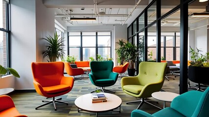 Modern Office Lounge with Vibrant Seating and Green Plants

