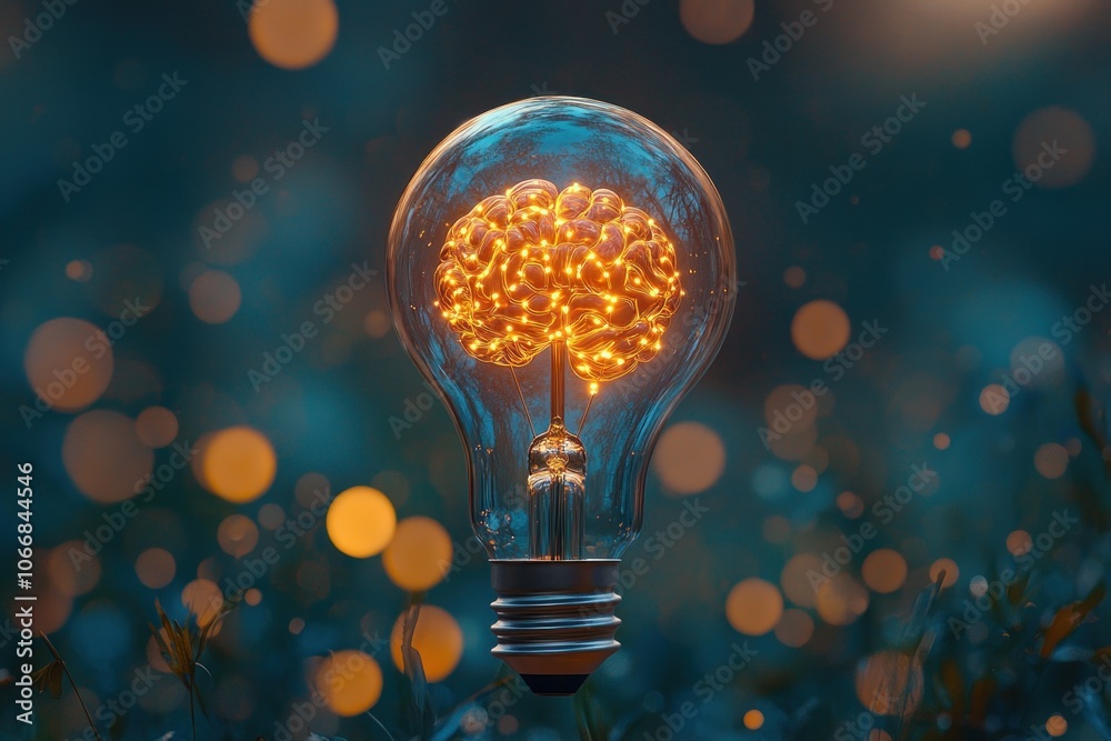 Poster A Lightbulb Shaped Like a Brain with Bokeh Lights in the Background
