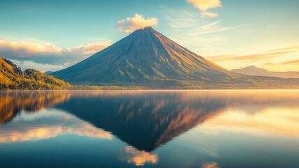 Fototapeta premium Serene volcanic mountain glows in morning light, its reflection captured in the tranquil lake's