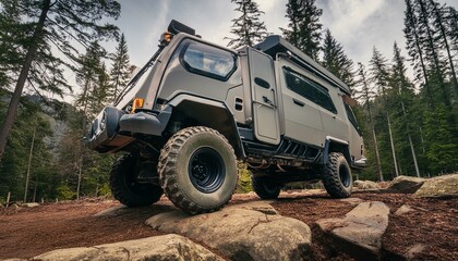 Futuristic offroad camper van on rocks in the woods