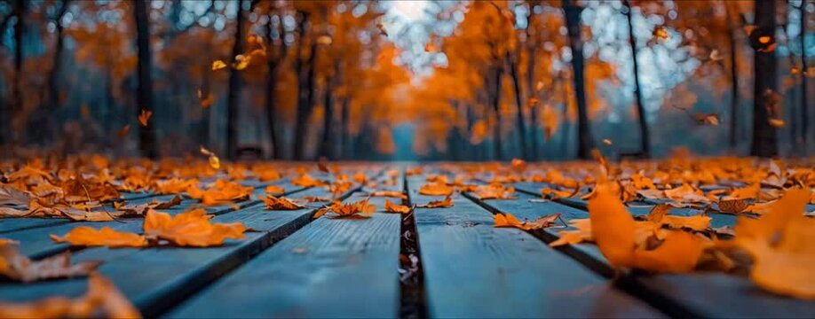 Serene autumnal scene fallen leaves on a wooden path through a vibrant forest.  Perfect for fall, nature, and tranquility themes.
