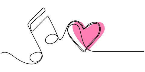 Treble clef continuous one line drawing. Music note with love sign. Isolated on white background vector illustration. Pro vector, Continuous one line drawing. Heart and music note. © Line emotion