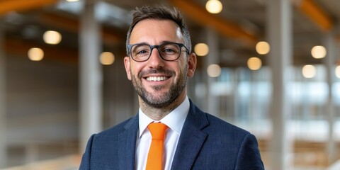 Smiling professional man in suit with glasses in modern office environment.