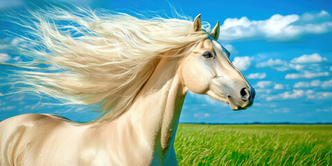 A white horse with long hair is running through a field of green grass