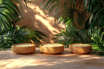 Obraz premium Three Wooden Platforms Surrounded by Lush Greenery