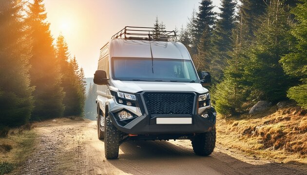 Futuristic offroad camper van on rocks in the woods