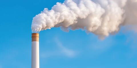 Smoke billowing from a factory chimney against a clear blue sky.