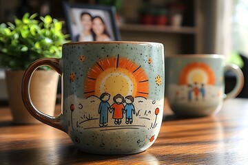 Handcrafted ceramic mug with family design on wooden table