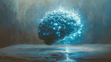 Illuminated, floating brain with light particles in an abstract setting.