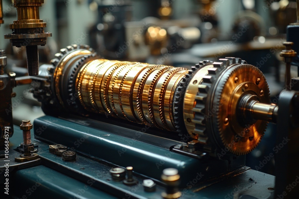 Poster close-up of a complex machine with brass and metal gears