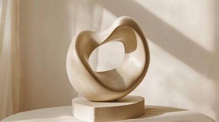 A white ceramic sculpture of a figure eight on a white table.