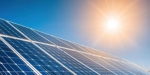 Solar panels absorbing sunlight on a clear blue sky day.